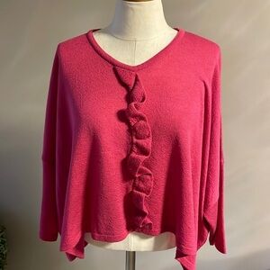 Kimono Sleeve Crop woman’s lightweight ruffle front knit sweater fuchsia O/S